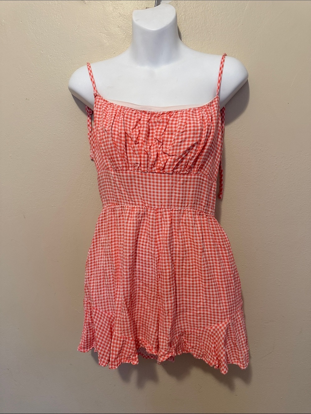 Lily Rose Coral and White Gingham Ruffle-Hem Romper